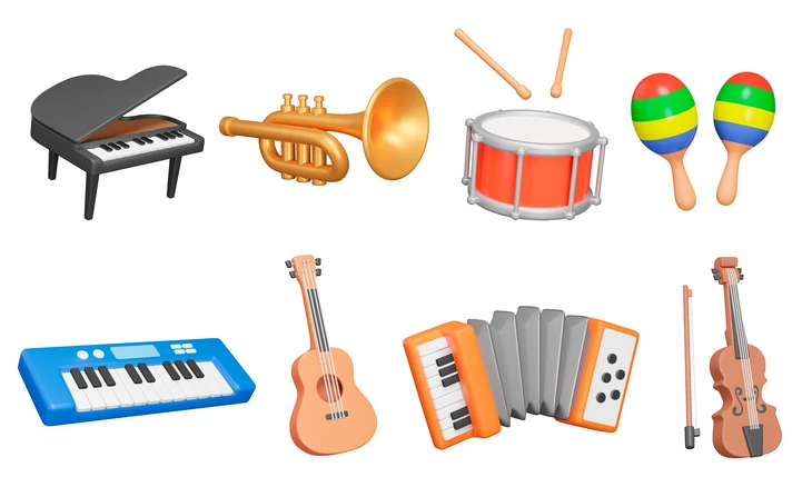 Collection d'instruments de musique sur fond blanc comprenant piano à queue noir, trompette dorée, tambour rouge avec baguettes, maracas multicolores, clavier électronique bleu, guitare acoustique, accordéon orange et gris, violon avec archet
